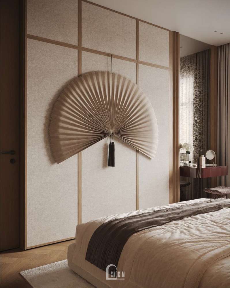 Phòng ngủ Master mang đậm tinh thần Wabi-Sabi tại thiết kế nhà phố Long Biên.
